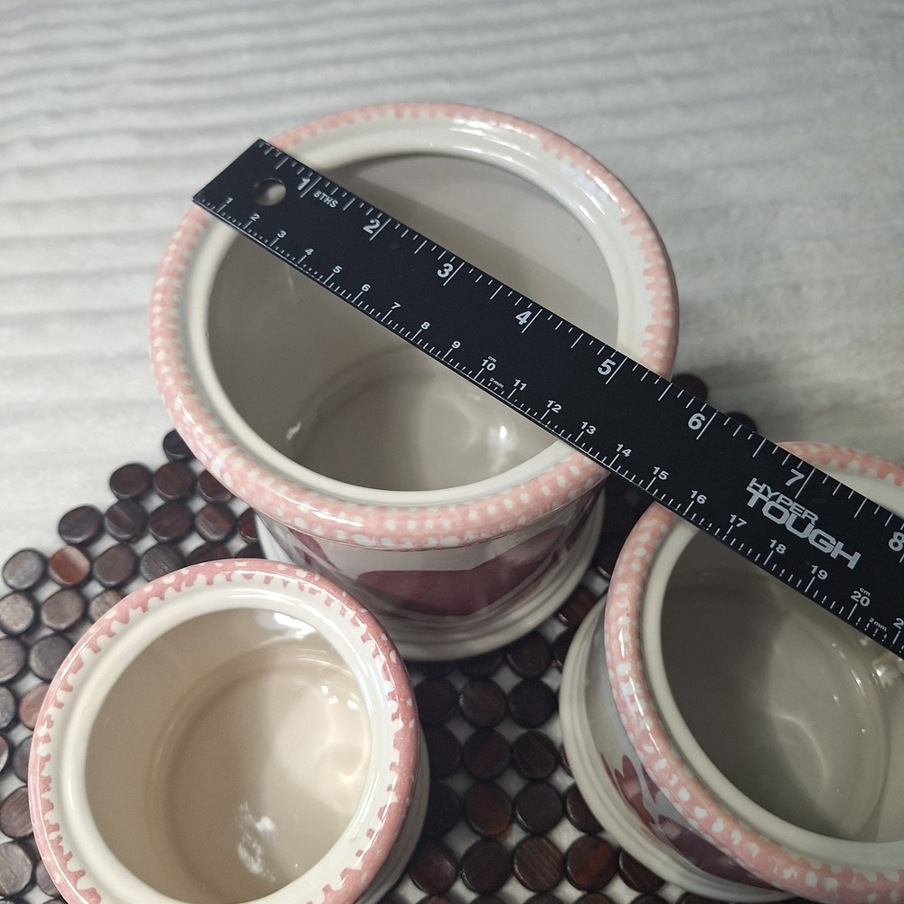3 Pc Pink Heart Sponge Ware Ceramic Canisters Cottage Country Kitchen 90's - Picture 8 of 12